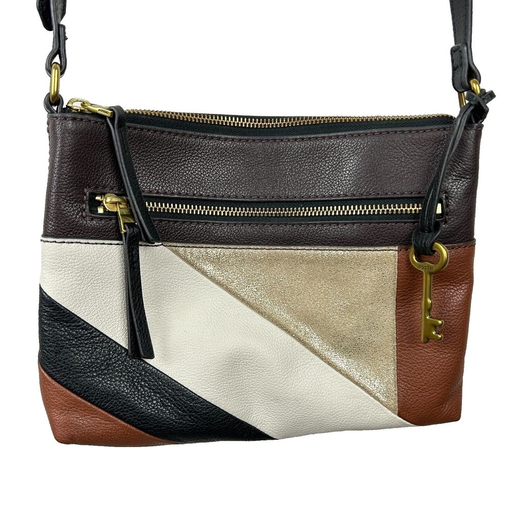 Fossil Brown Leather Metallic Detail Crossbody Great Travel Size